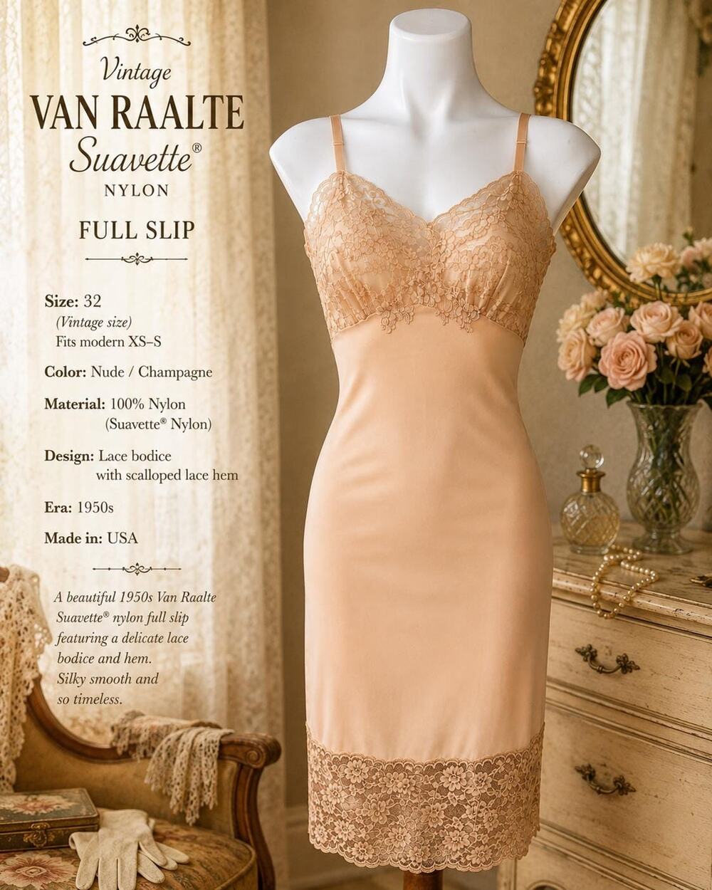 Vintage Van Raalte Suavette Nylon Full Slip 1950s Lace Bodice Nude Size 32